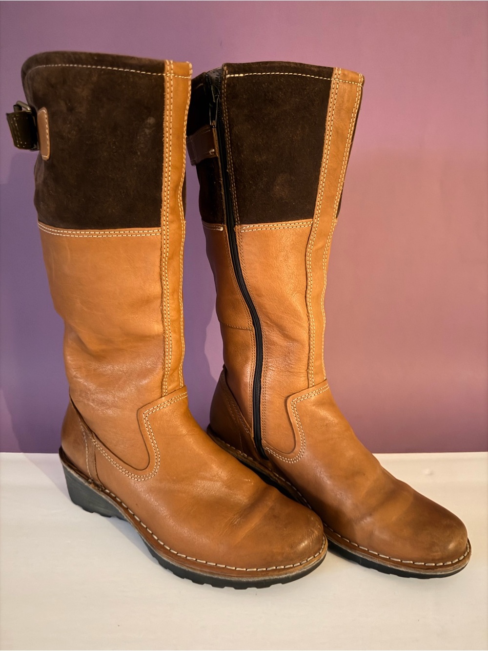 Ecco Two-Tone Tan and Dark Brown Leather Knee-High Boots